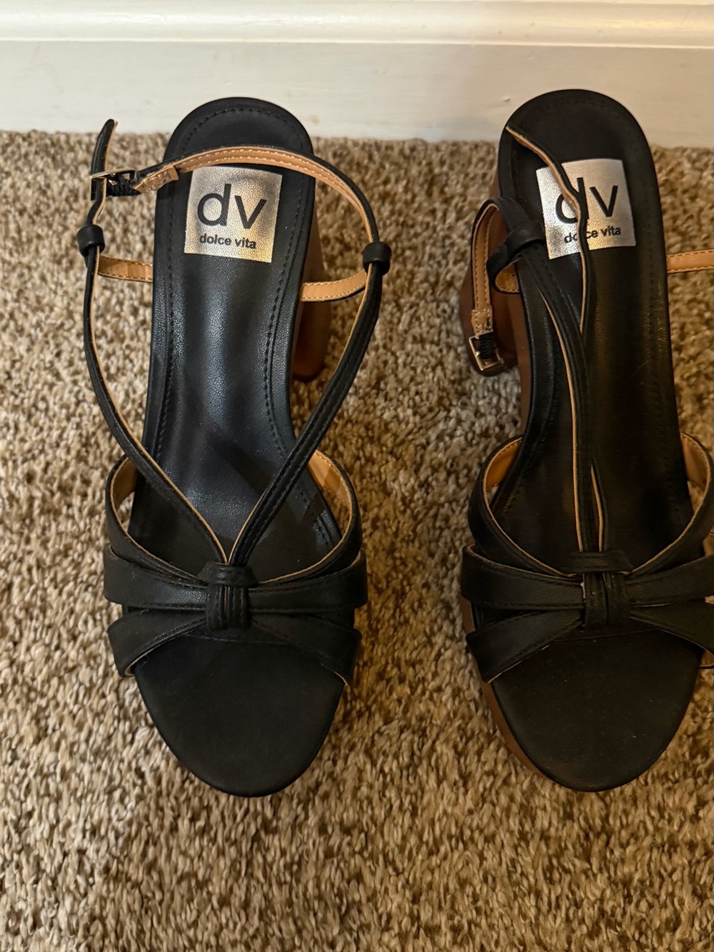 Dolce Vita Black Strappy Low Heel Sandals with Tan Accents
